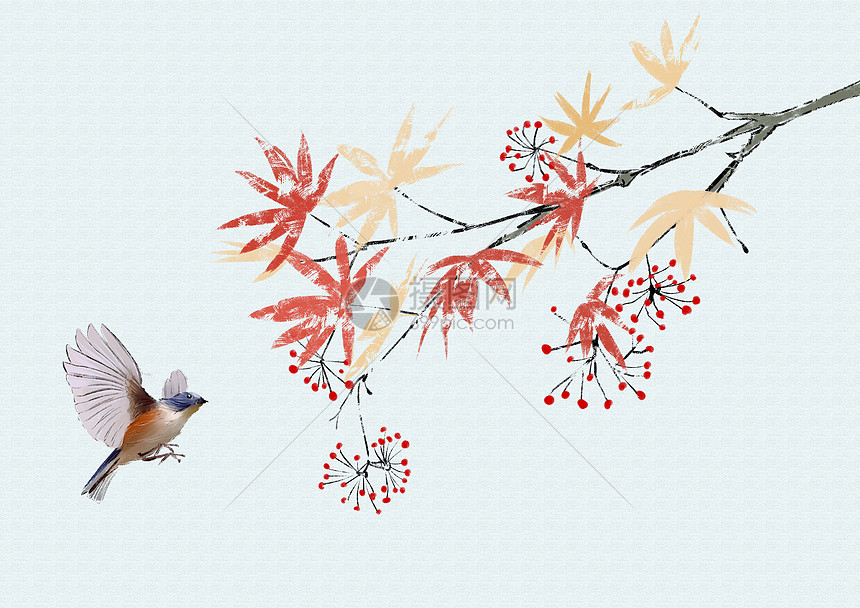 写意枫叶和鸟图片
