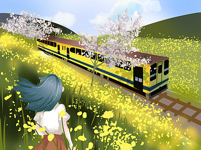 小清新风格春天旅行火车插画图片