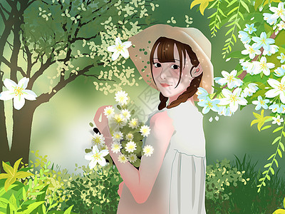 春天绿色小清新风格女孩抱着花束回眸背景图片