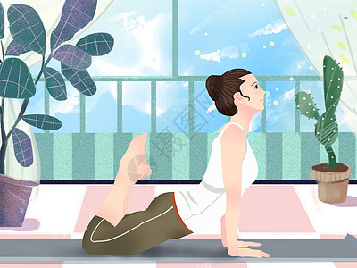 小清新风格在家做高难度瑜伽动作的女孩背景图片