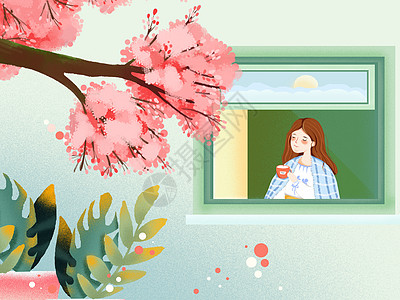 小清新平面风格在自家窗台赏花的女孩图片