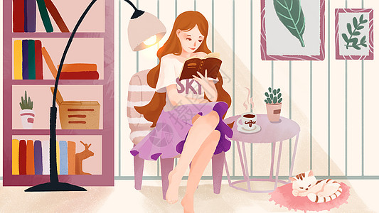 美女书3.8妇女节看书的美女人物插画插画