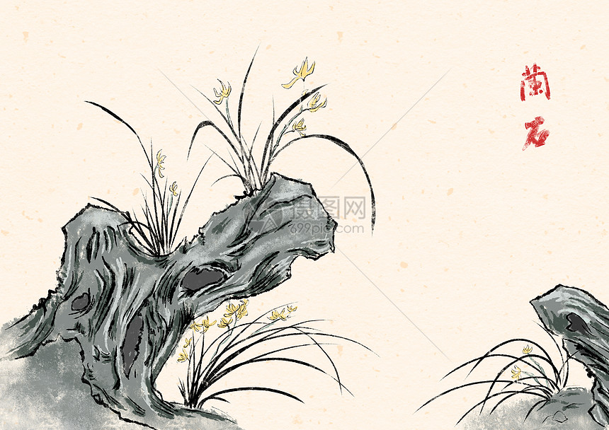 水墨的兰花石头