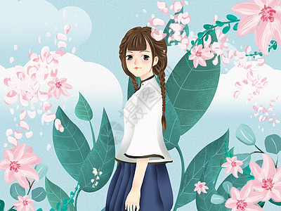 在老民国美女在花丛中插画