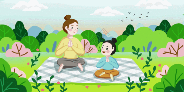 母女春天练瑜伽图片素材