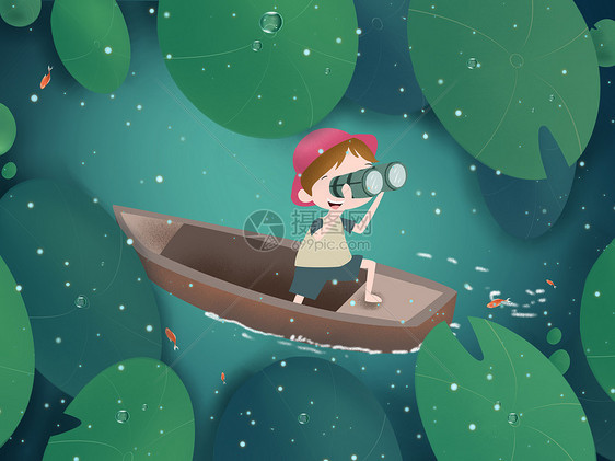 深绿色平面插画春天在湖里漂流的少年图片