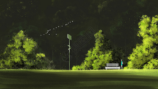 公园夜景绿色秘境插画