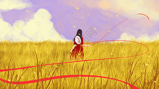 草地少女红色的天空高清图片