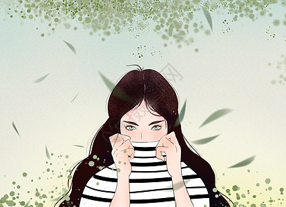 绿色中式小清新可爱条纹衣服女孩插画插画