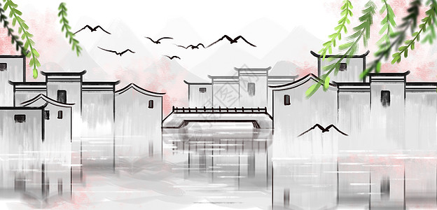 中国风江南水乡手绘高清图片