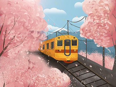 日本樱花列车风景插画图片