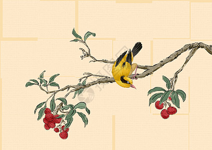 采摘荔枝水墨的鸟果树插画