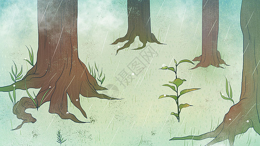 绿色小清新树林里小草生长春天插画图片素材