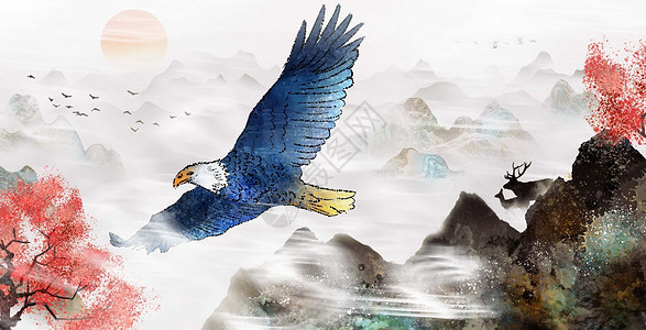 水墨元素手绘老鹰水墨创意中国风插画