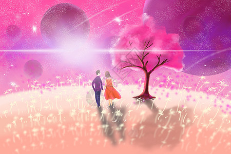 樱花树下仰望星空的情侣图片
