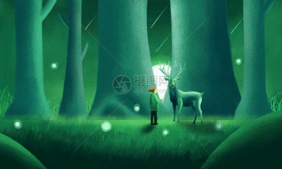 森林中的男孩与麋鹿GIF图片