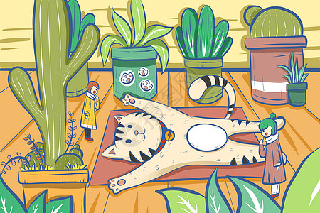 可爱宠物猫咪小人清新治愈系插画图片素材