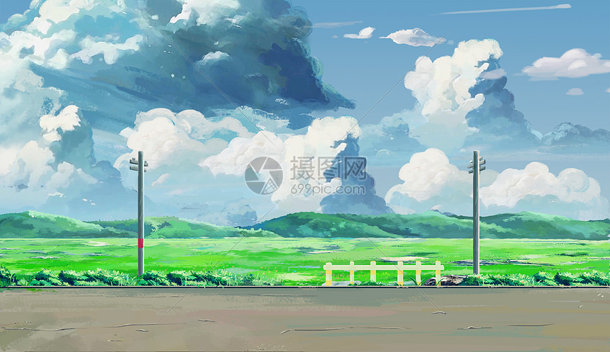 新海诚风格春天田野乡村公路插画图片下载 正版图片 摄图网 新海诚风格春天田野乡村公路插画图片下载 正版图片 摄图网