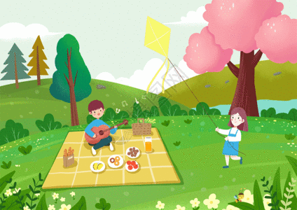 郊游的情侣春游出行 野餐放风筝GIF高清图片