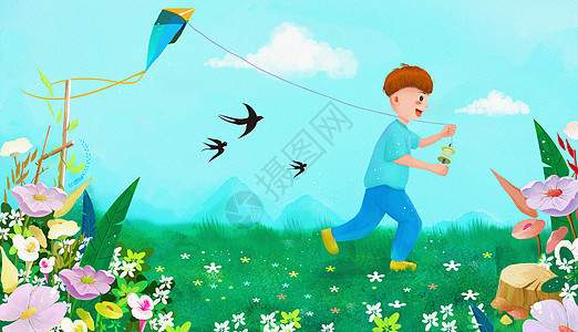 春天草地上放风筝的男孩图片