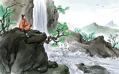 中国风踏青扁平化山石树木高清图片