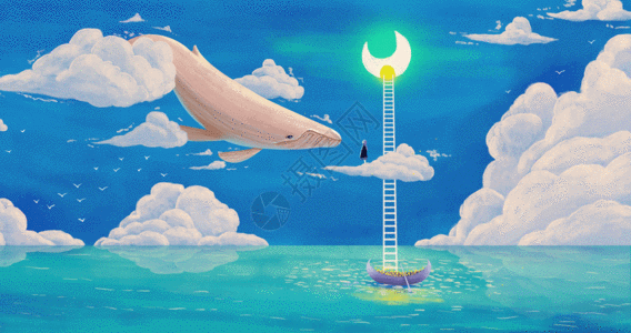 鲸鱼天空海上梦幻插画GIF高清图片