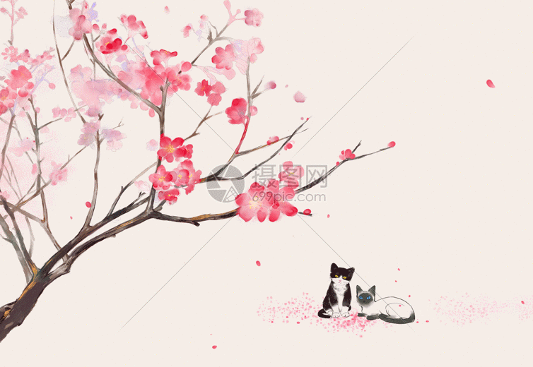 桃花树下的猫咪gif图片