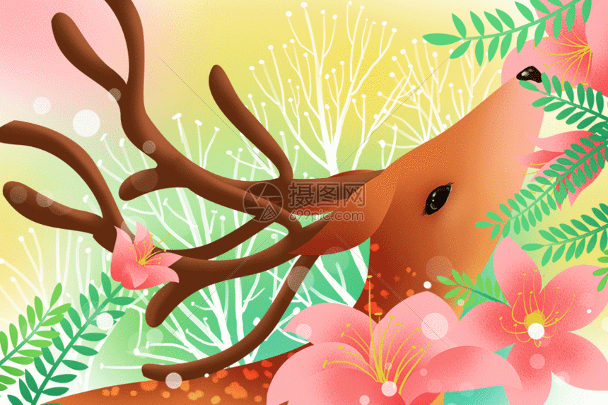 花与麋鹿唯美插画gif动图动图图片-正版gif素材401023486-摄图网