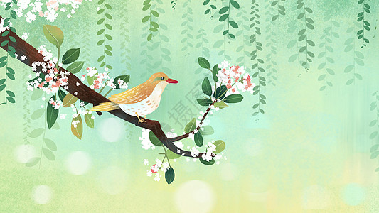 绿色小清新小鸟站在树枝上春天插画高清图片