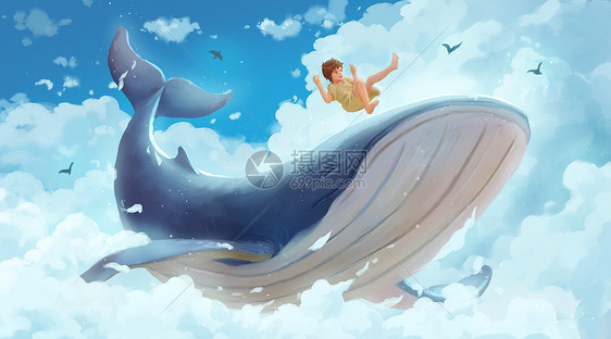 与鲸鱼在云层嬉戏的女孩图片
