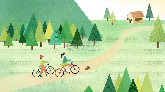 绿色小清新扁平风骑单车踏青春天插画图片