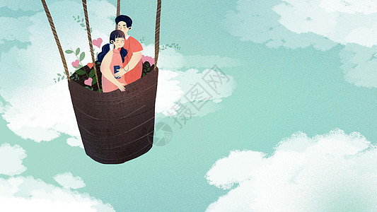 小清新情侣乘坐热气球情人节插画图片