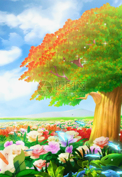 图正版 gif动态图片下载,该gif动态图片标题为插画风鸟语花香h5动态