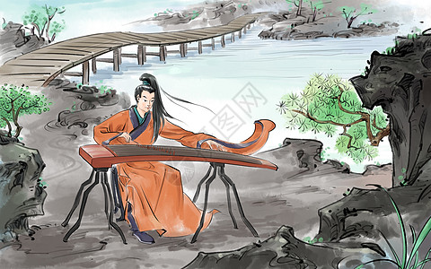 红色的桥中国风传统人物插画