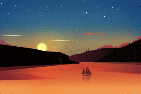 海边船夕阳染红了海面 GIF高清图片