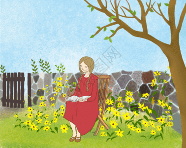 花园看书的女孩gif图片