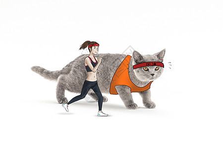 卡通人物和小猫锻炼身体摄影插画图片