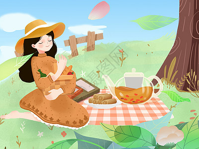 小清新风格插画春天在郊外野餐的少女图片