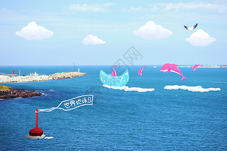 创意手绘世界地球日可爱海豚背景图片