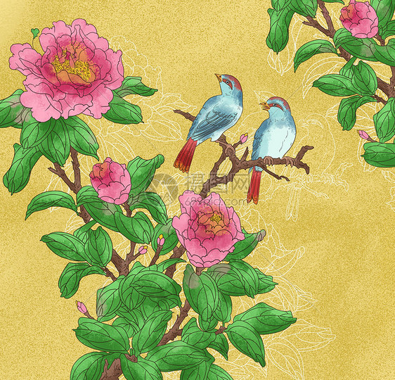 中国风牡丹花卉小鸟图图片