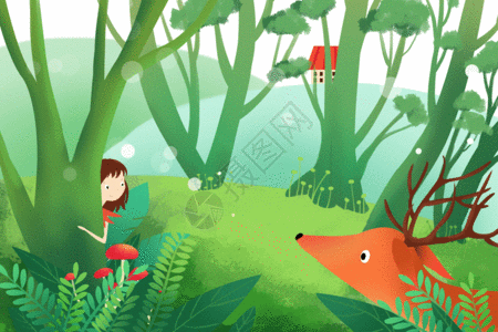 女孩和鹿森林里的鹿gif高清图片