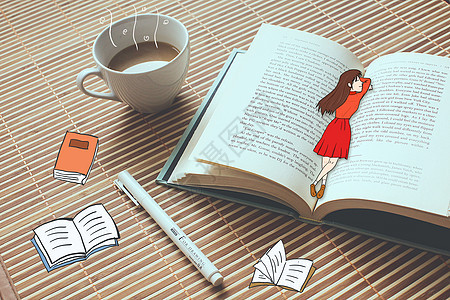 卡通小女孩悠闲趴在书本上摄影插画图片