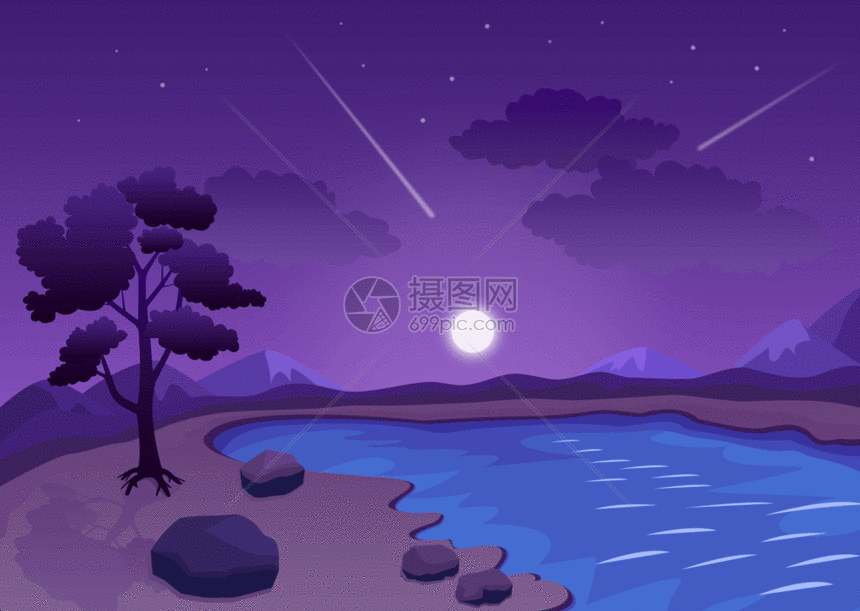 gif动态图片下载,该gif动态图片标题为夏夜月夜星空河流gif,编号
