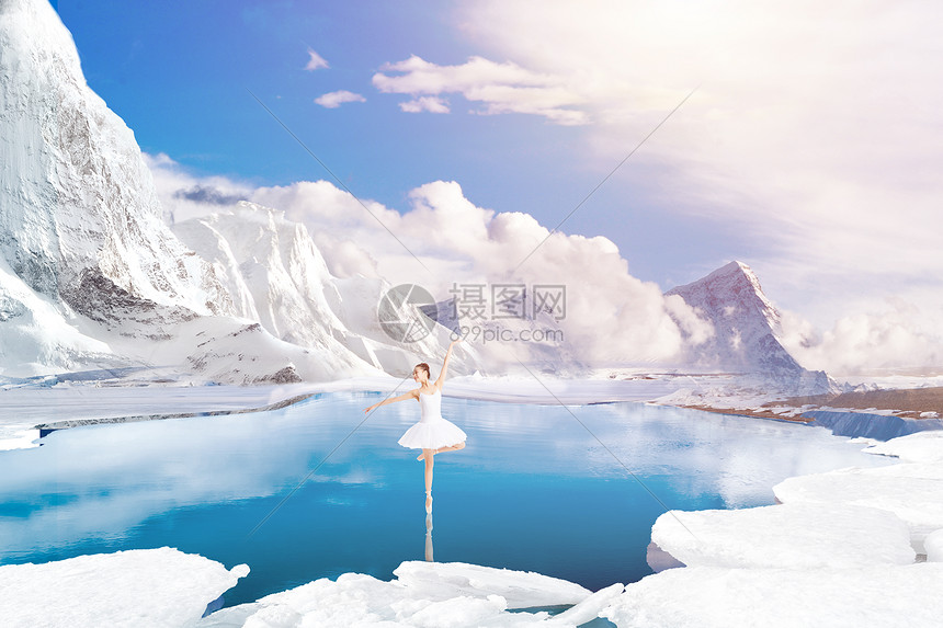 雪原湖泊中的芭蕾舞者图片