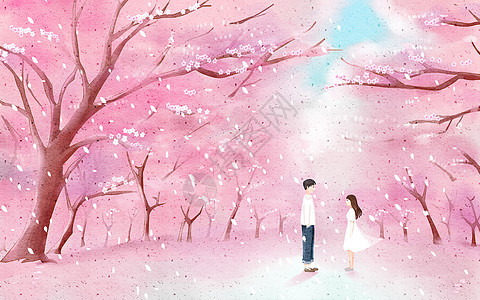 樱花树下粉色爱恋情侣背景图片