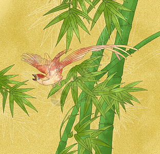 中国风国潮工笔竹子小鸟展翅高飞图片