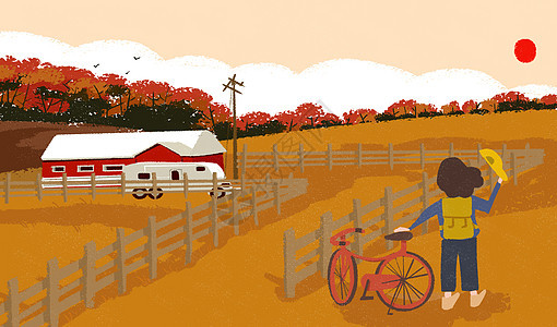 骑车女孩旅游夕阳插画图片