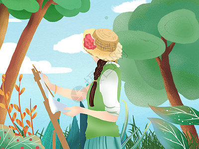 小清新风格清明节外出写生的画家图片素材