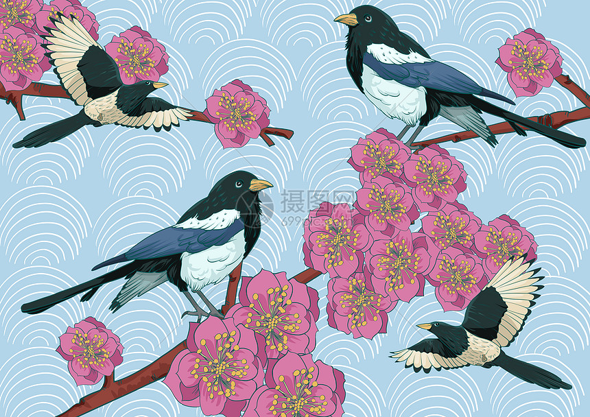 花鸟背景素材喜上梅梢插画图片下载 正版图片 摄图网 花鸟背景素材喜上梅梢插画图片下载 正版图片 摄图网