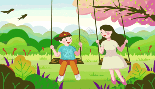 春天母子荡秋千gif图片素材